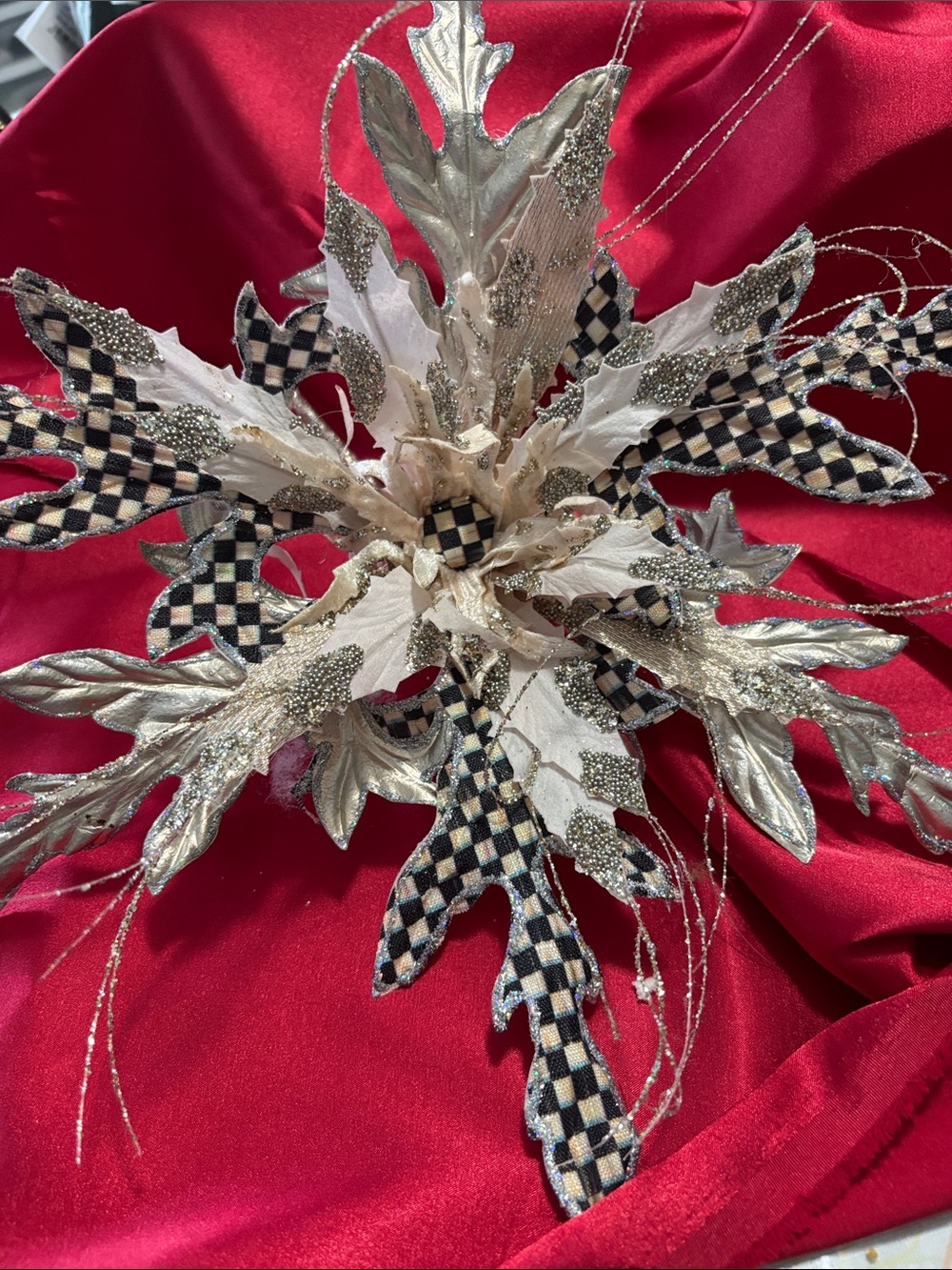 MacKenzie-Childs Gold and Black Check Poinsettia Spray